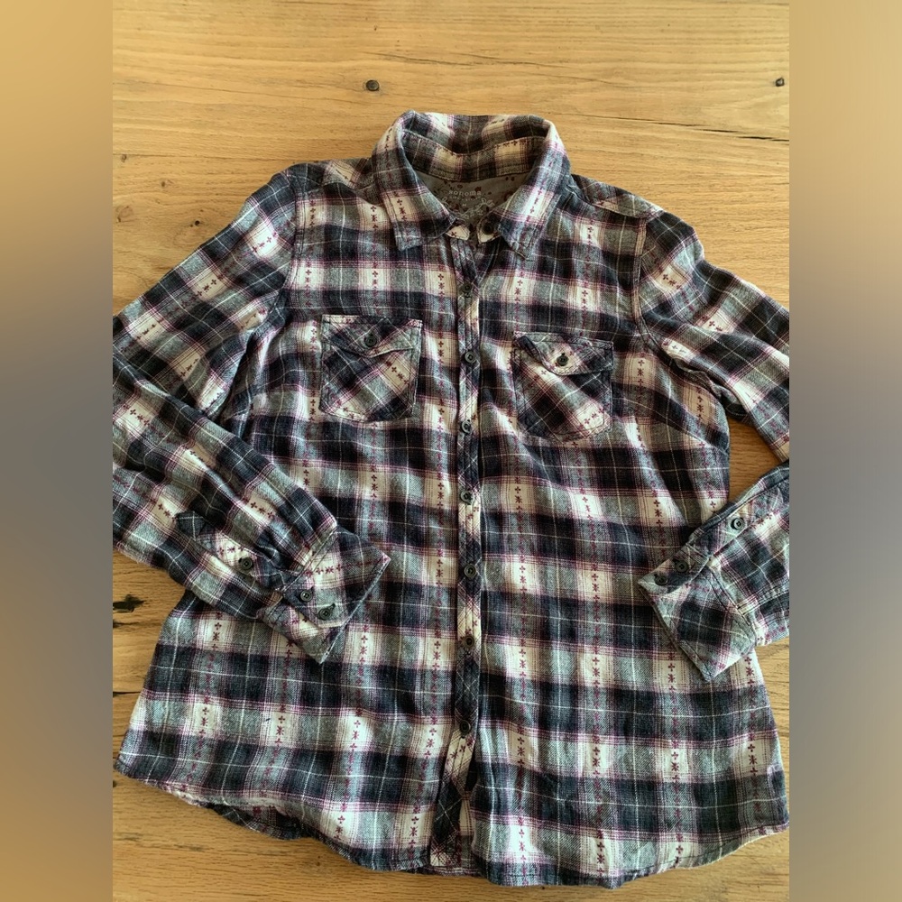 Sonoma Button Down Shirt Gray Purple Plaid Cotton Women’s Medium Preloved‎